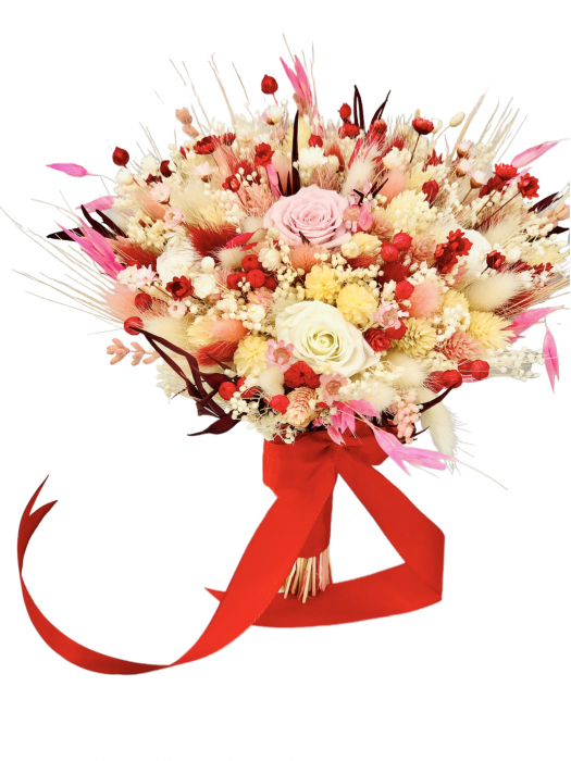 Buchet mediu personalizabil cu trandafiri si flori uscate (Alb, Roz, Rosu) [1]