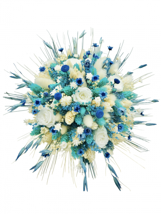 Buchet mediu personalizabil cu trandafiri si flori uscate (Bleu, Alb) [2]