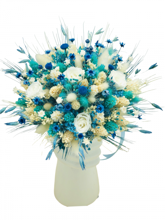 Buchet mediu personalizabil cu trandafiri si flori uscate (Bleu, Alb) [1]