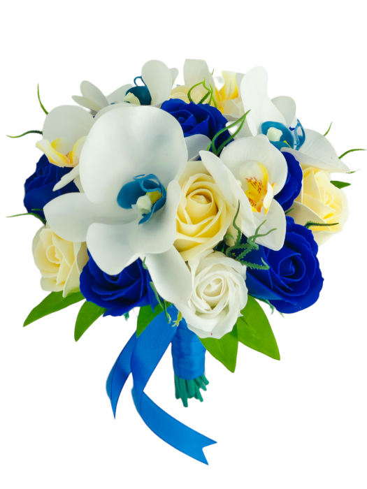 Buchet mediu personalizabil cu trandafiri si orhidee (Albastru, Crem, Alb) [1]