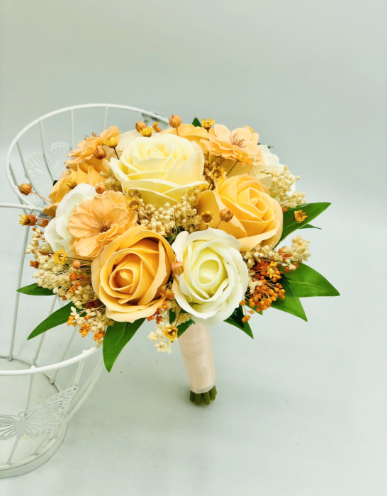 Buchet mic personalizabil cu trandafiri, floarea miresei si cires (Somon, Multicolor) [2]