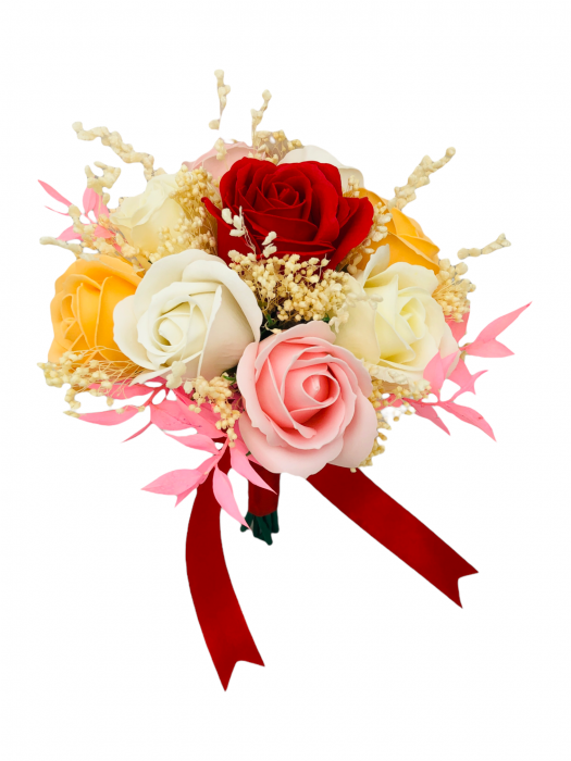 Buchet mic personalizabil cu trandafiri si floarea miresei (Rosu, Multicolor) [5]