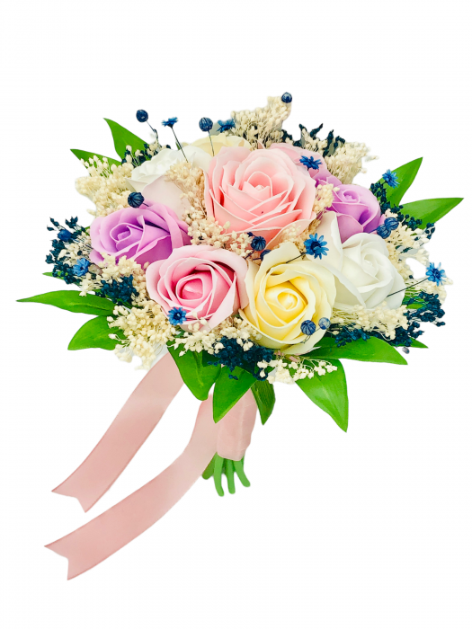 Buchet mic personalizabil cu trandafiri si floarea miresei (Roz, Multicolor) [5]