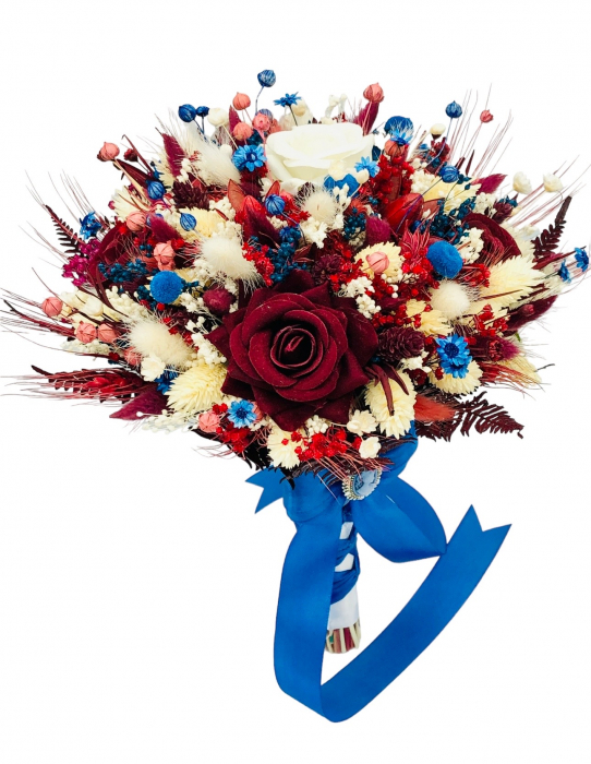 Buchet personalizabil din flori naturale uscate si trandafiri din matase (Grena / Ivory / Albastru) [2]
