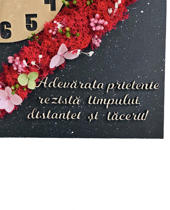 Ceas decorativ cu licheni, flori criogenate si mesaj - 25 cm x 25 cm (Negru / Rosu) [2]