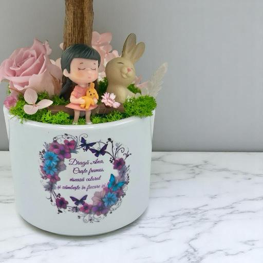 Copacel Decorativ cu Licheni Premium și Flori Criogenate, Figurine, Trunchi Printat 3D, În Ghiveci ceramic personalizat [3]