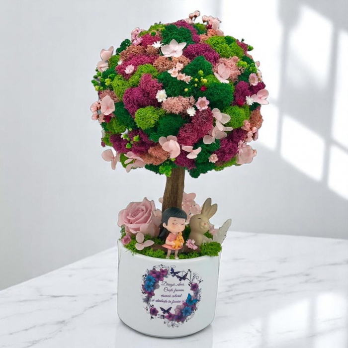 Copacel Decorativ cu Licheni Premium și Flori Criogenate, Figurine, Trunchi Printat 3D, În Ghiveci ceramic personalizat [2]