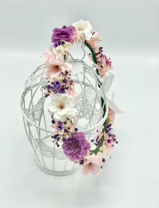 Coronita cu flori de cires alb, mov si roz cu plante naturale uscate crem [3]