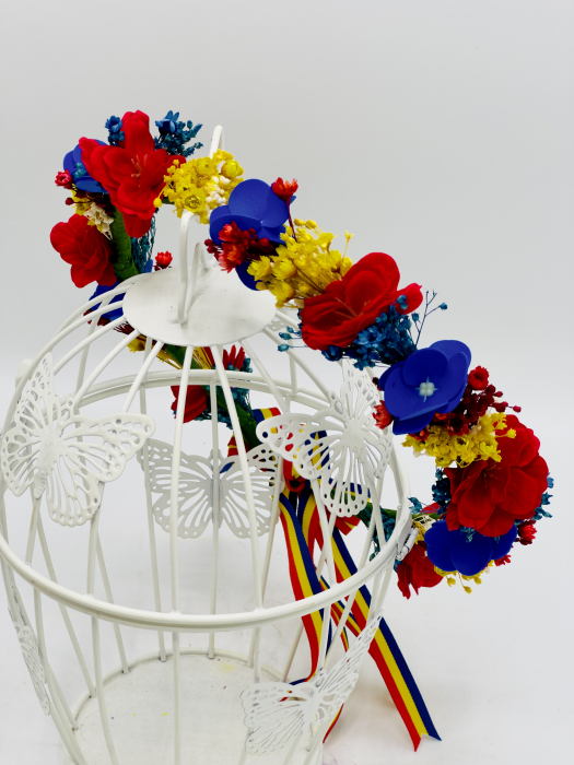 Coronita traditionala din flori, tricolor Romania, marime personalizabila (Albastru / Galben / Rosu) [4]