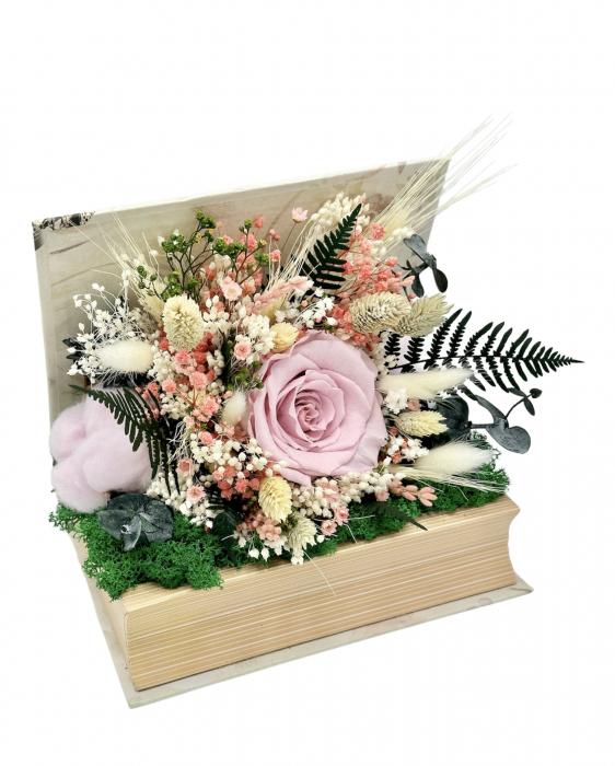 Aranjament floral personalizabil cu licheni, trandafir si plante naturale criogenate si stabilizate in carte (Multicolor) [3]