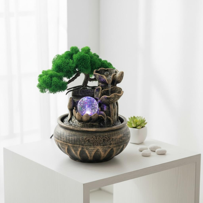Fantana arteziana decorativa cu bonsai licheni naturali si lumini LED – fantana zen cu apa curgatoare pentru casa, birou sau cadou elegant [2]