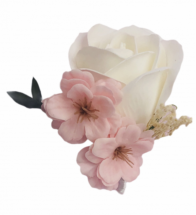Floare de piept personalizabila, Cocarda, Eventissimi, Trandafir Alb si 2 Flori de cires Roz [1]