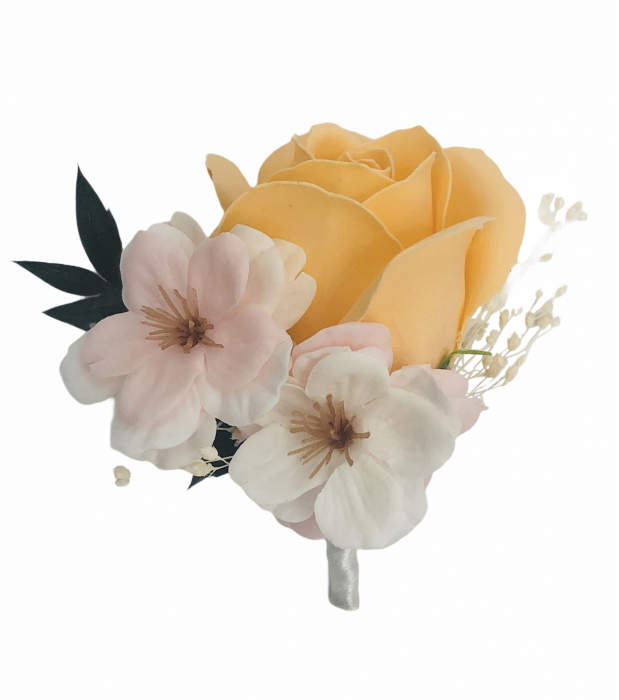 Floare de piept personalizabila, Cocarda, Eventissimi, Trandafir Somon si 2 Flori de cires Roze [1]