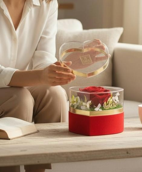 Inima cu trandafir criogenat si licheni naturali stabilizati in cutie catifea rosie [3]