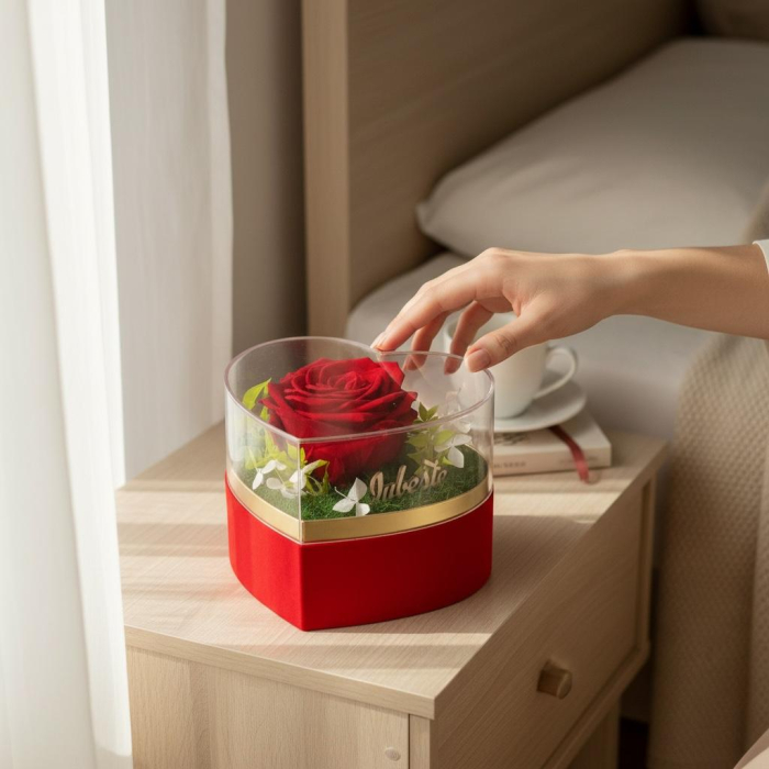 Inima cu trandafir criogenat si licheni naturali stabilizati in cutie catifea rosie [2]