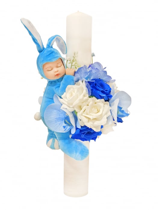 Lumanare botez, 40 cm, baietel, Eventissimi, cu flori si somnoros, alb / albastru [3]
