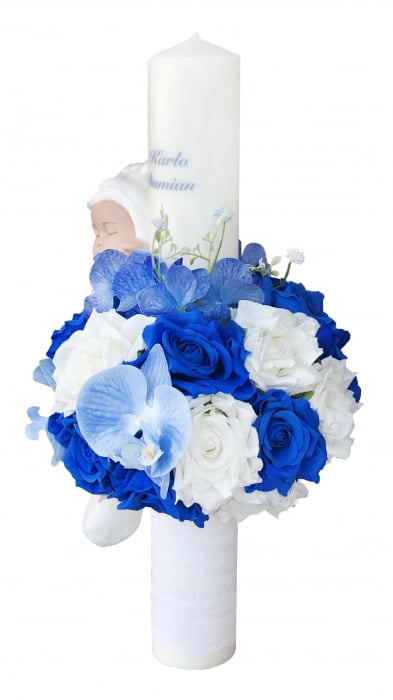 Lumanare botez, 40 cm, baietel, Eventissimi, cu flori si somnoros, albastru / alb [2]