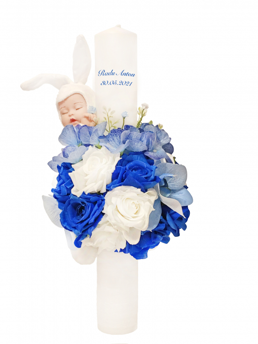 Lumanare botez, 40 cm, baietel, Eventissimi, cu flori si somnoros, albastru / alb [1]
