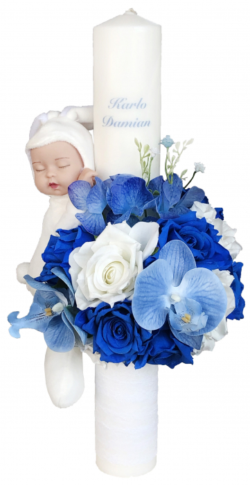 Lumanare botez, 40 cm, baietel, Eventissimi, cu flori si somnoros, albastru / alb [3]