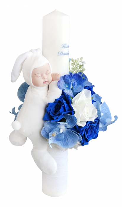 Lumanare botez, 40 cm, baietel, Eventissimi, cu flori si somnoros, albastru / alb [4]