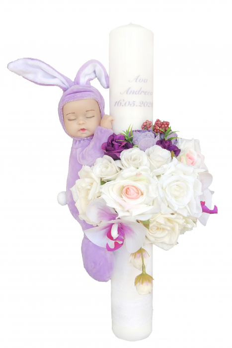Lumanare botez, 40 cm, fetita, Eventissimi, cu flori si somnoros, alb / mov [2]