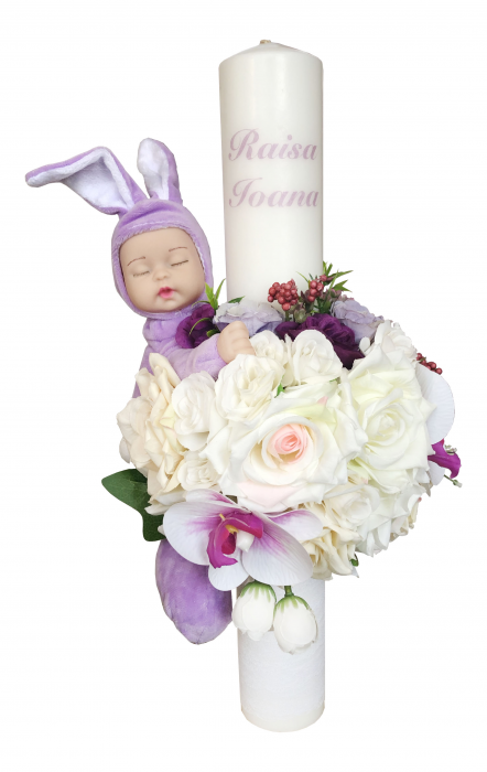 Lumanare botez, 40 cm, fetita, Eventissimi, cu flori si somnoros, alb / mov [3]