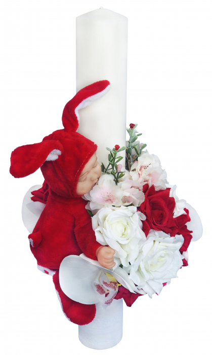 Lumanare botez,  40 cm, fetita,  Eventissimi, cu flori si somnoros, alb / rosu [3]