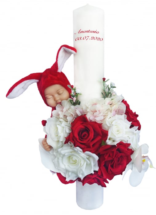Lumanare botez,  40 cm, fetita,  Eventissimi, cu flori si somnoros, alb / rosu [1]