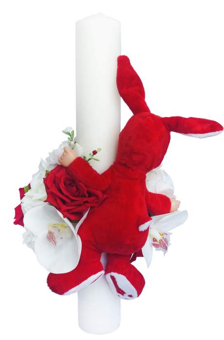 Lumanare botez,  40 cm, fetita,  Eventissimi, cu flori si somnoros, alb / rosu [2]