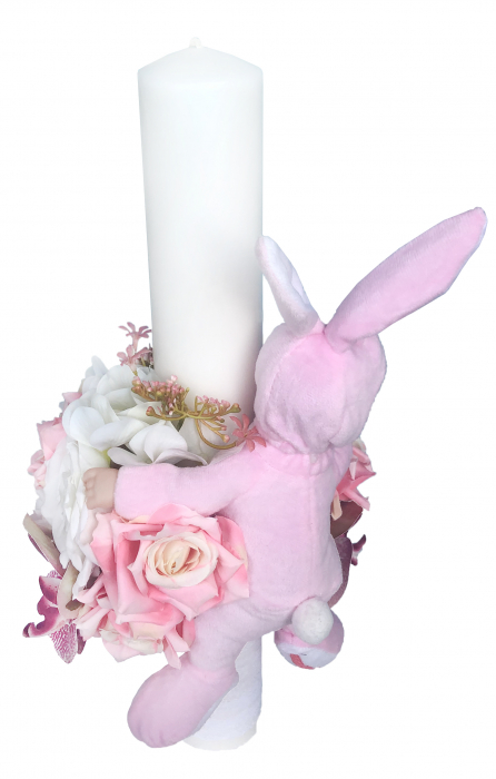 Lumanare botez, 40 cm, fetita, Eventissimi, cu flori si somnoros, alb / roz [3]