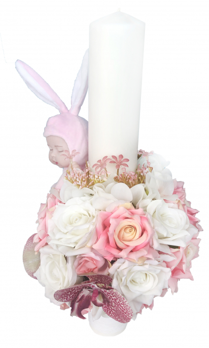 Lumanare botez, 40 cm, fetita, Eventissimi, cu flori si somnoros, alb / roz [2]
