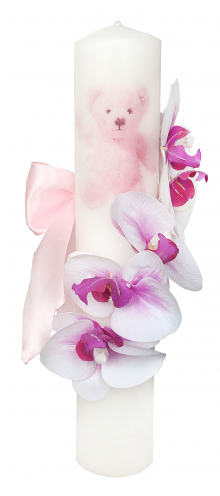 Lumanare botez mica personalizabila cu orhidee si print cu ursulet (Roz) [1]
