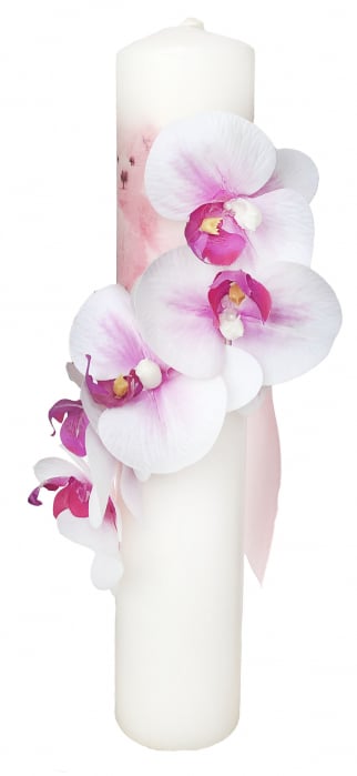 Lumanare botez mica personalizabila cu orhidee si print cu ursulet (Roz) [2]
