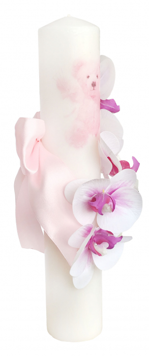 Lumanare botez mica personalizabila cu orhidee si print cu ursulet (Roz) [3]