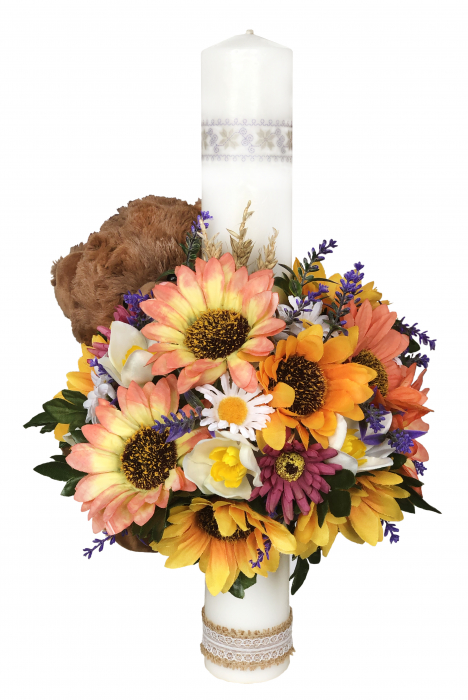 Lumanare de Botez Personalizata, EVENTISSIMI - Flori si Ursulet, 40 cm, Portocaliu [3]