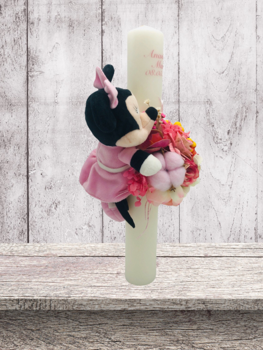 Lumanare Minnie pentru botez fetita, 40 cm, cu flori din matase, real touch si naturale (personalizabila cromatic si cu text) [5]