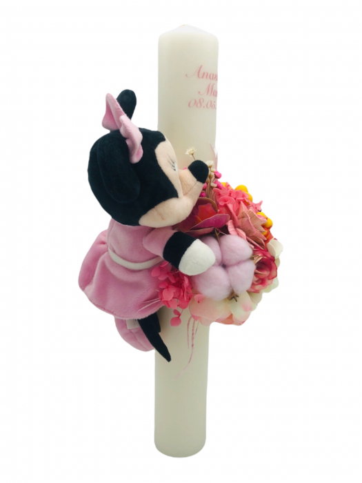 Lumanare Minnie pentru botez fetita, 40 cm, cu flori din matase, real touch si naturale (personalizabila cromatic si cu text) [2]