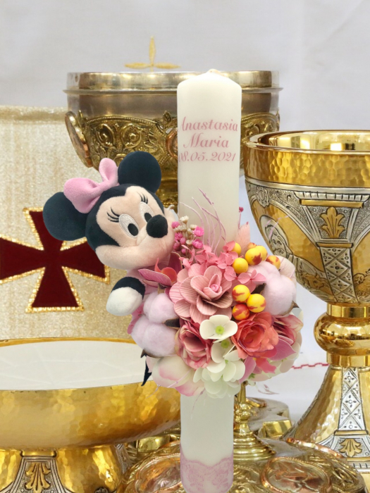 Lumanare Minnie pentru botez fetita, 40 cm, cu flori din matase, real touch si naturale (personalizabila cromatic si cu text) [3]