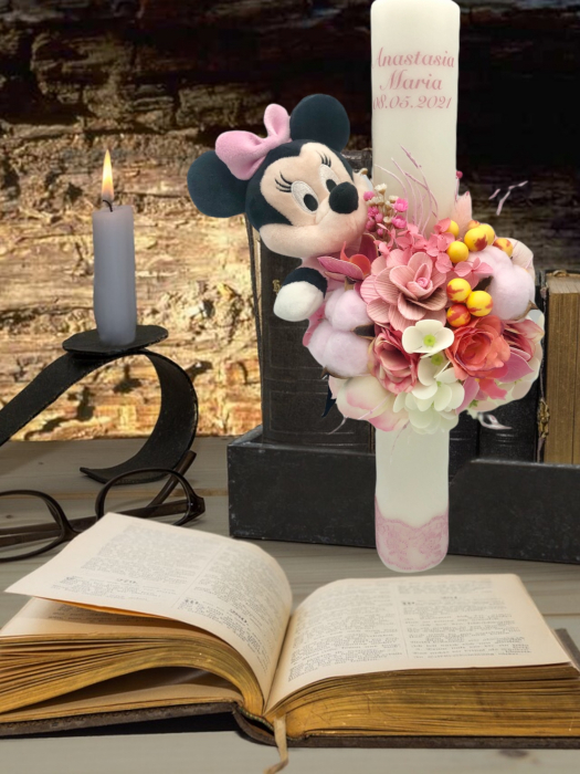 Lumanare Minnie pentru botez fetita, 40 cm, cu flori din matase, real touch si naturale (personalizabila cromatic si cu text) [4]