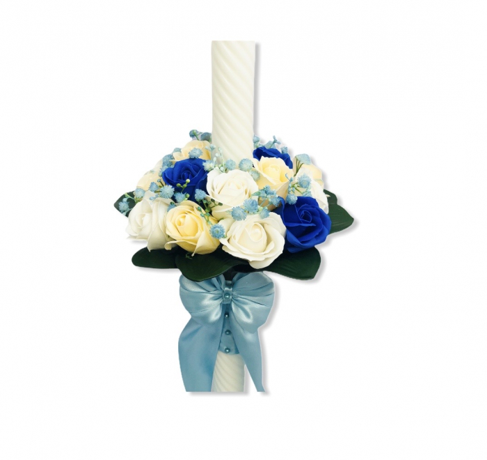 Lumanare nunta sau botez, 60 cm, Eventissimi, trandafiri sapun, alb/albastru [2]