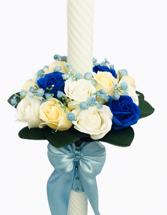 Lumanare nunta sau botez, 60 cm, Eventissimi, trandafiri sapun, alb/albastru [3]