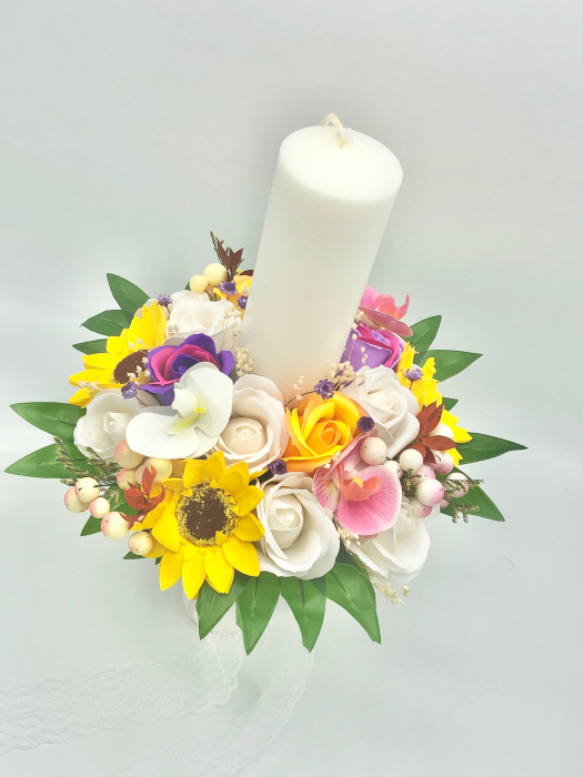 Lumanare Nunta sau Botez Eventissimi cu Trandafiri, Orhidee si Floarea Soarelui, Multicolor [2]