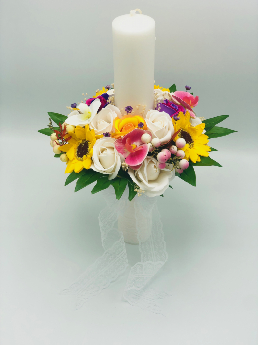 Lumanare Nunta sau Botez Eventissimi cu Trandafiri, Orhidee si Floarea Soarelui, Multicolor [3]