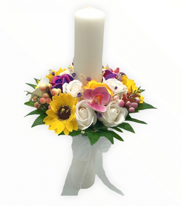 Lumanare Nunta sau Botez Eventissimi cu Trandafiri, Orhidee si Floarea Soarelui, Multicolor [1]