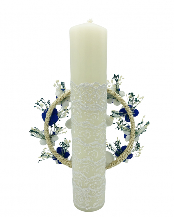 Lumanare pentru botez, 30 cm, cu flori de cires din sapun, flori naturale uscate si iepuras somnoros (personalizabila cromatic si cu text) [3]