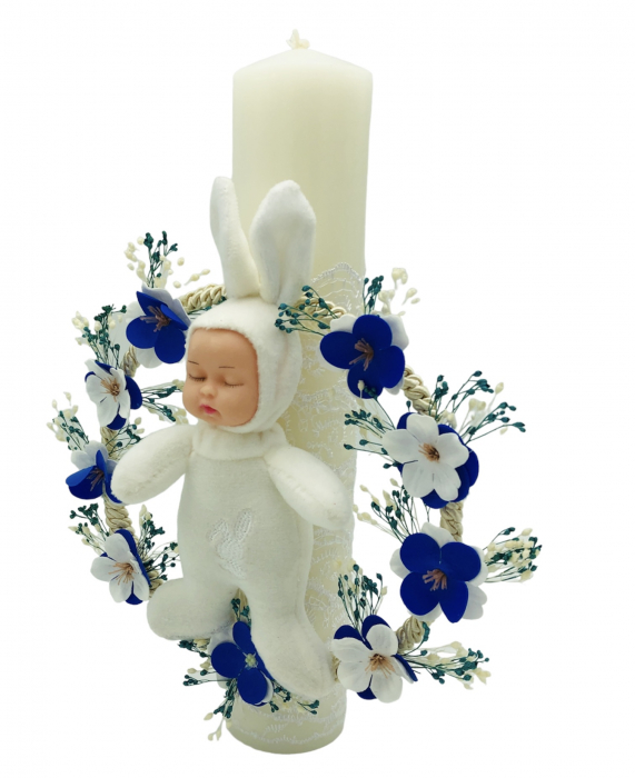 Lumanare pentru botez, 30 cm, cu flori de cires din sapun, flori naturale uscate si iepuras somnoros (personalizabila cromatic si cu text) [2]