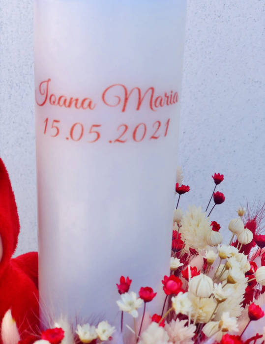 Lumanare pentru botez, 40 cm, cu flori naturale uscate si iepuras somnoros (personalizabila cromatic si cu text) [3]