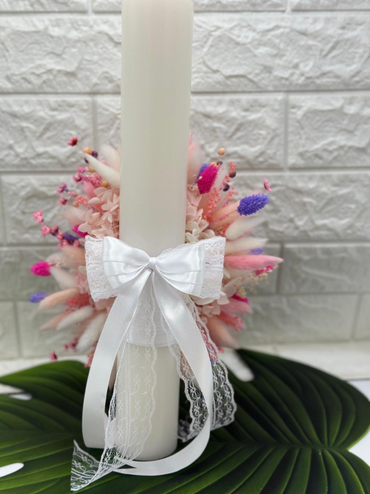 Lumanare pentru botez, 40 cm, cu plante naturale uscate (personalizabila cromatic si cu text) [4]