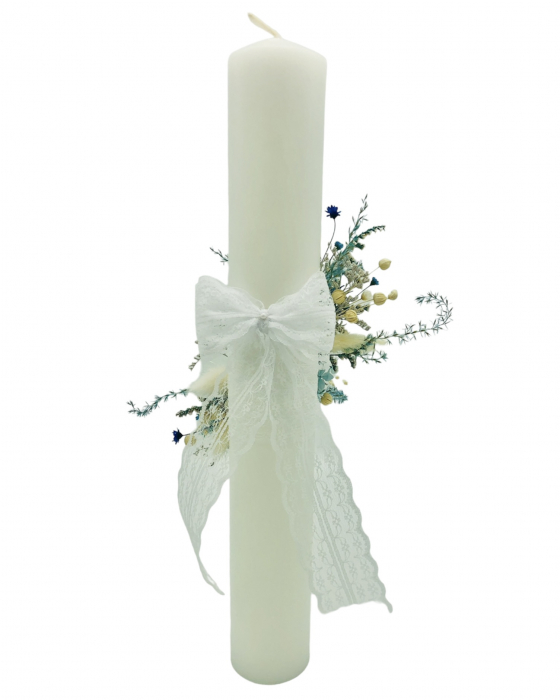 Lumanare pentru botez, 40 cm, cu trandafir criogenat, hortensii criogenate, flori naturale uscate (personalizabila cromatic si cu text) [3]