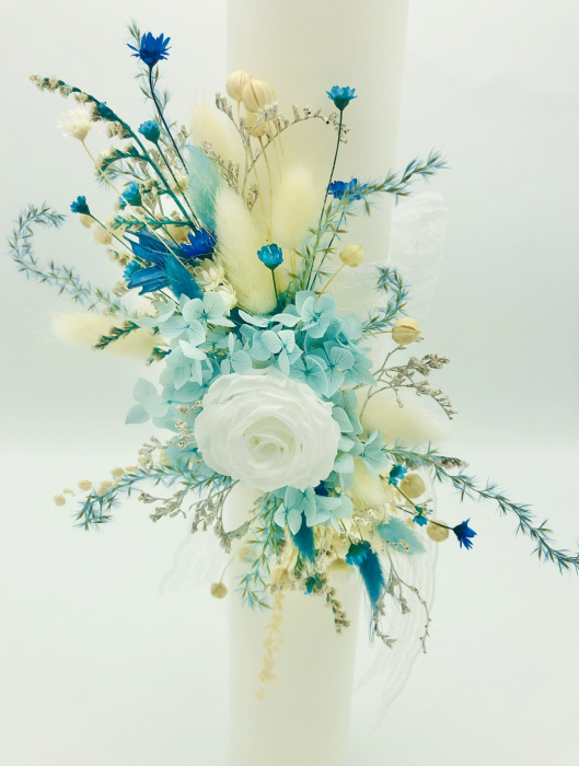 Lumanare pentru botez, 40 cm, cu trandafir criogenat, hortensii criogenate, flori naturale uscate (personalizabila cromatic si cu text) [2]